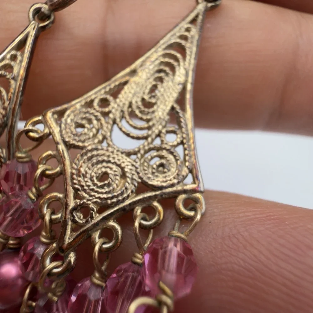 Vintage Sterling Silver Filigree Chandelier Earrings Pink Cultured Pearl Vermail